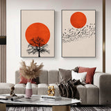 tableau dessin lune orange et arbre