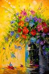 tableau peinture fleurs bleues et oranges