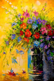 tableau peinture fleurs bleues et oranges