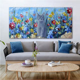 tableau peinture chat gris et fleurs