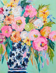 tableau peinture fleurs bleues et oranges