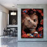 tableau femme lion et fleurs