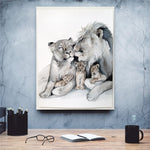 tableau photo de famille de lion sur fond blanc