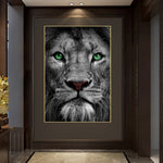 tableau lion gris yeux verts