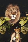 tableau lion et chat dans les feuilles