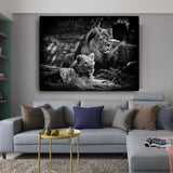tableau couple de lion en noir et blanc