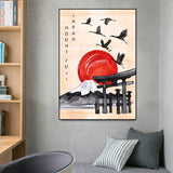 Mount Fuji Cranes Bird Moon Landscape Canvas Painting 