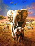 Tableau peinture réaliste famille éléphant