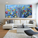 tableau peinture chat gris et fleurs