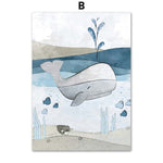 Childlike Whale Turtle Canvas Painting Blue Ocean Octopus 