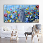 tableau peinture chat gris et fleurs