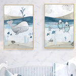 Childlike Whale Turtle Canvas Painting Blue Ocean Octopus 