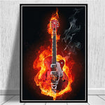 tableau guitare en bois en feu