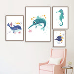 Cartoon Whale Dolphin Seahorse Octopus Wall Art Canvas 