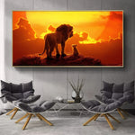 tableau affiche deux lions coucher de soleil