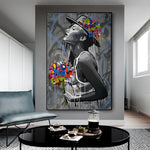 tableau graffiti femme fond gris