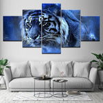 Tableau tigre 5 pièces Tigre lumière bleue